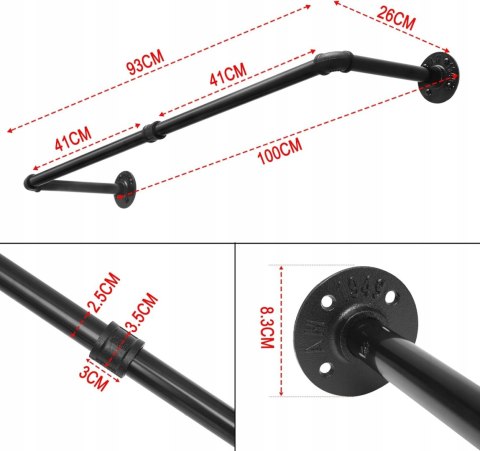 Drążek na ubrania ścienny 100 cm czarny styl industrialny 50 kg Drążek na ubrania ścienny 100 cm czarny styl industrialny 50 kg