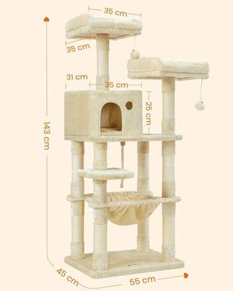 DRAPAK DLA KOTA 143 CM Z PLATFORMAMI I HAMAKIEM STABILNY BEŻOWY DRAPAK DLA KOTA 143 CM Z PLATFORMAMI I HAMAKIEM STABILNY BEŻOWY