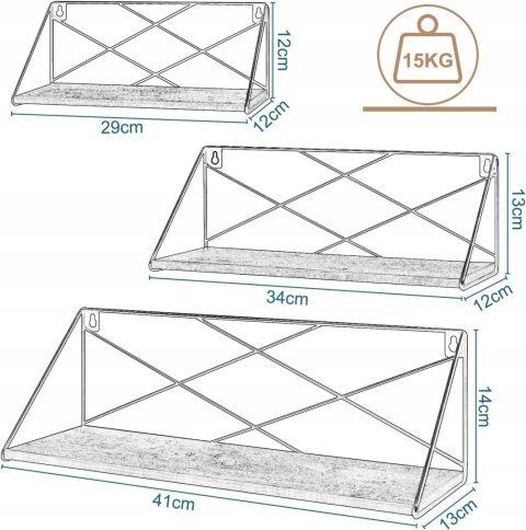 NOWOCZESNE PÓŁKI ŚCIENNE 3 SZTUKI METAL DREWNO RUSTYKALNE MOCNE NOWOCZESNE PÓŁKI ŚCIENNE 3 SZTUKI METAL DREWNO RUSTYKALNE MOCNE