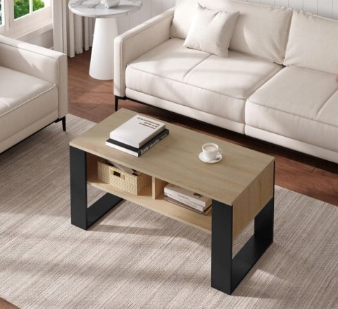 Stolik kawowy WOLTU 90x45 cm jasny dąb + czarny z półkami Stolik kawowy WOLTU 90x45 cm jasny dąb + czarny z półkami
