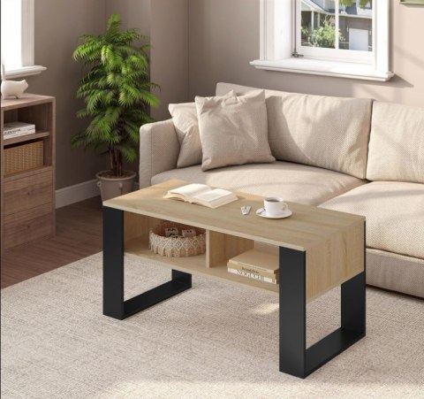 Stolik kawowy WOLTU 90x45 cm jasny dąb + czarny z półkami Stolik kawowy WOLTU 90x45 cm jasny dąb + czarny z półkami